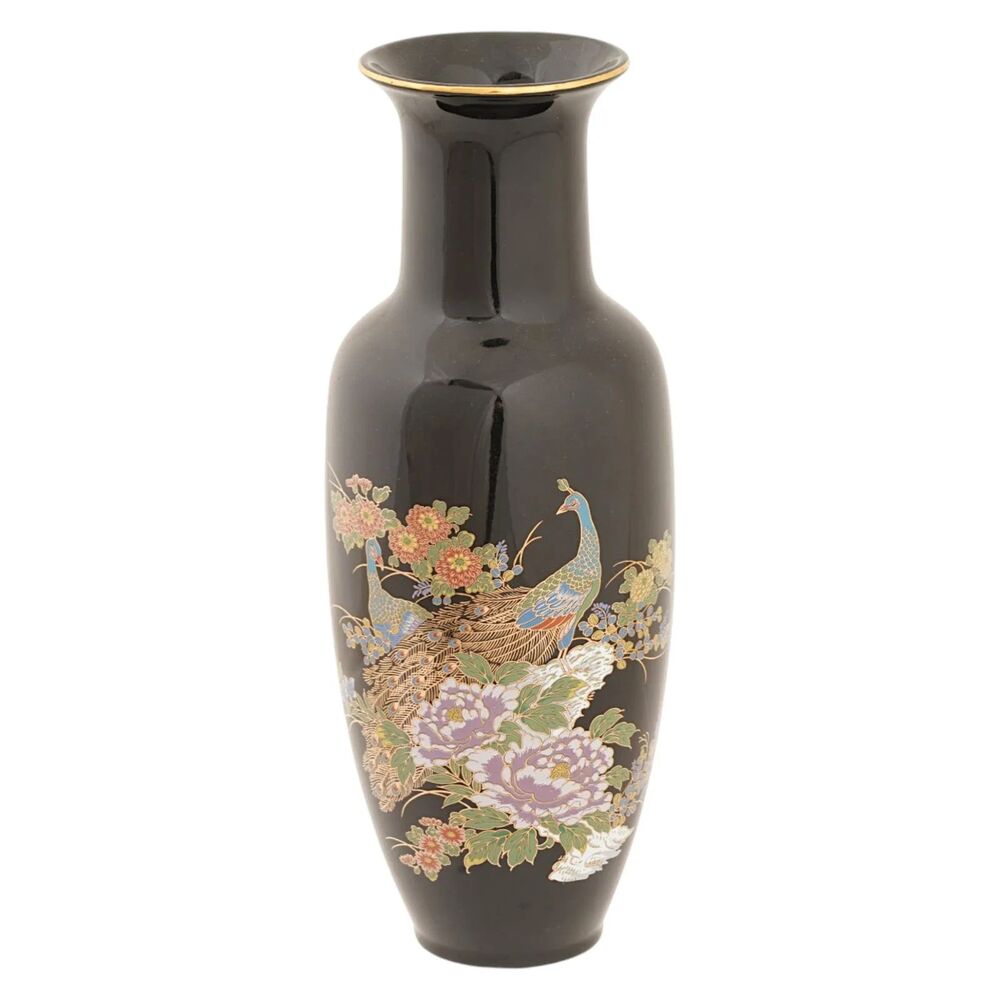 Vintage Japanese Black Porcelain Vase – Peacocks & Floral Motif